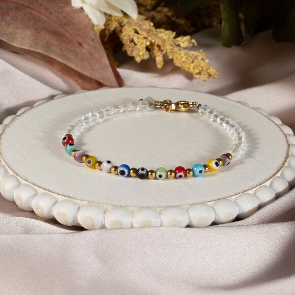 Bracelet Adjustable Handma Clear Crystal Turkish Eye For women multicolored Gift - Picture 1 of 9